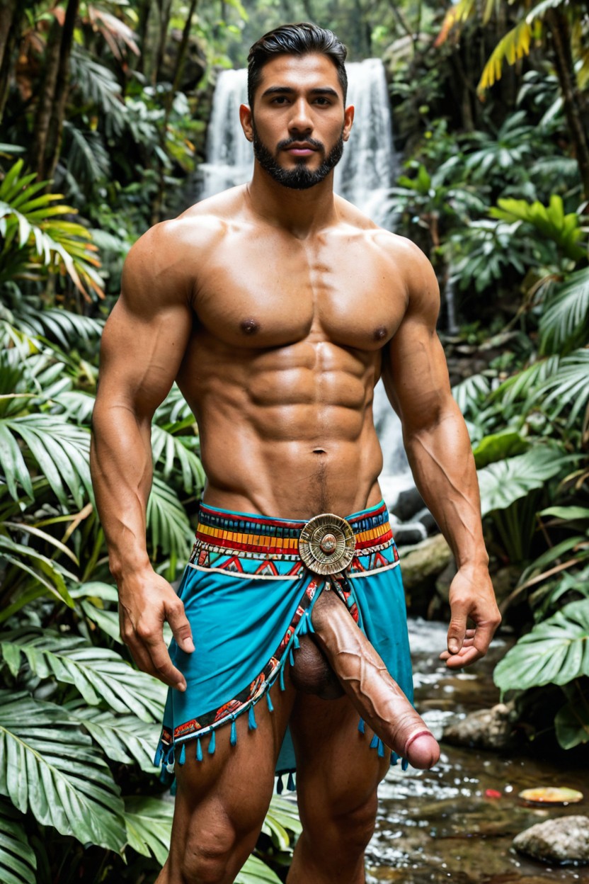 Huge Saggy Flaccid Balls Under Aztec Furred Hide-skirt, Sleek And Well-defined Pecs, Narrowwaist AI Gay Porn
