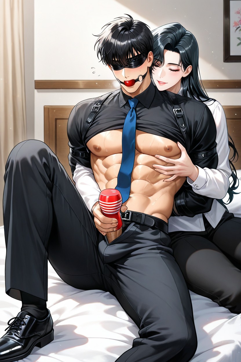 Dress Shoes, Bangs Slightly Swept To The Sides, Black Leather Strap Wrapped Around The Shirt AI Gay Porn