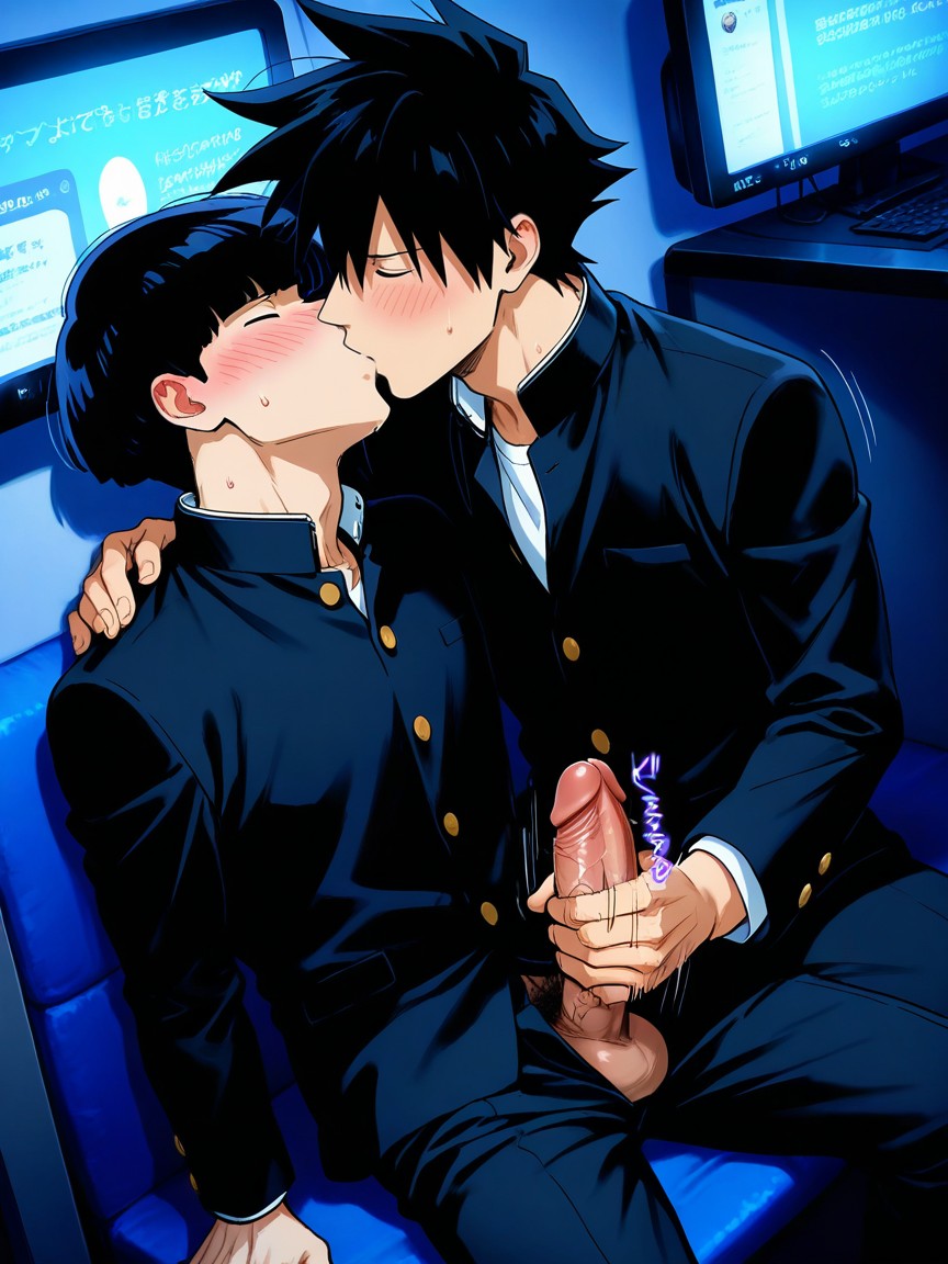 Sitting, Cushioned Black Mattress, Blush AI Gay Porn