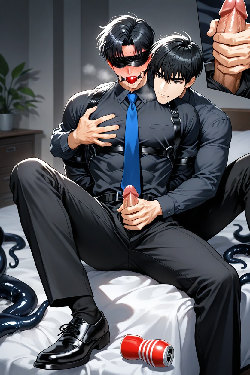 Male Masturbator Cover Penis, Shirt Too Tight, Arms Behind Back AI Gay Porn