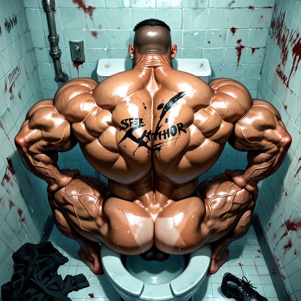 Sitting Down On Toilet, Muscular Legs, Wide Back AI Gay Porn