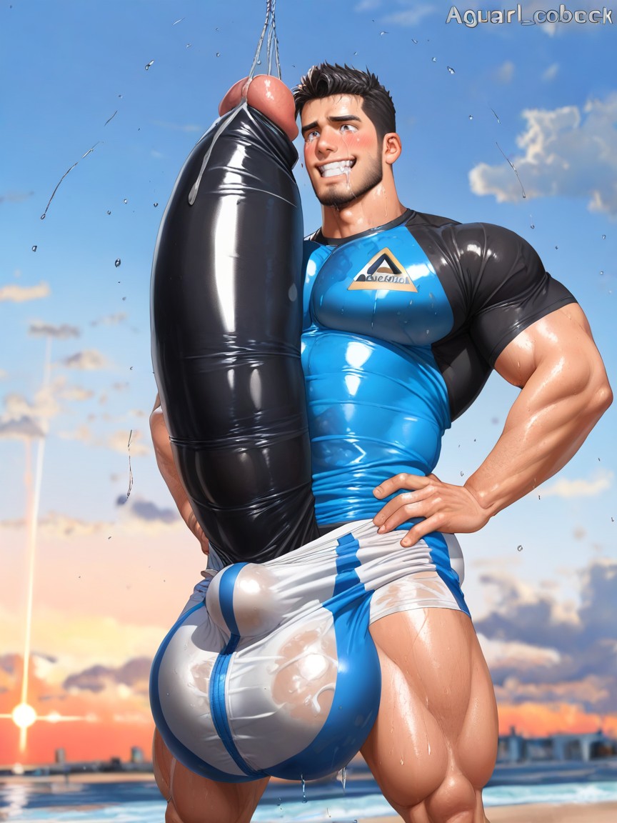 Fully Upright Erection Pressed Against Body, Angular Features, Blushing AI Gay Porn
