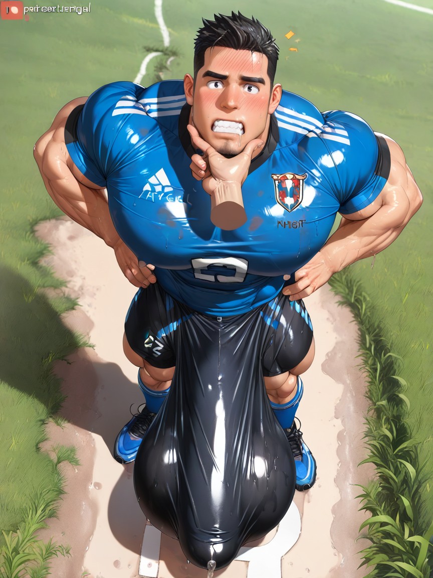 Upwards Bulge Reaches Up To His Chin, Sweaty, Gigantic Growing Cock Bulge AI Gay Porn