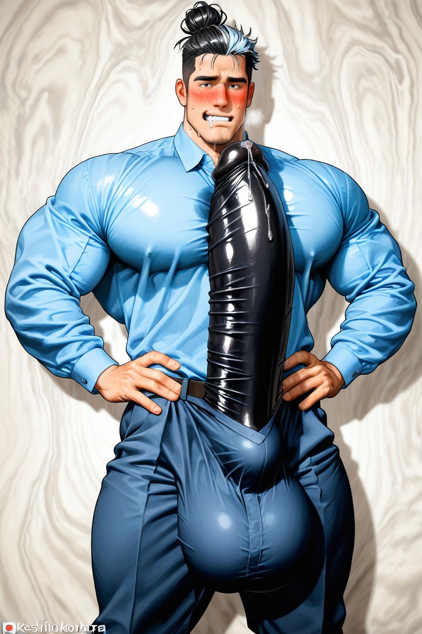 Fully Clothed, Gigantic Fully Erect Cock Bulge, Glans Between Pecs AI Gay Porn