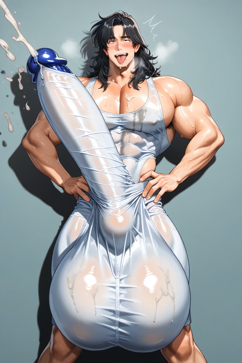 Fully Upright Erection Pressed Against Body, Gay Men, Glans Bulge Visible With Precum Stain Under Fabric AI Gay Porn