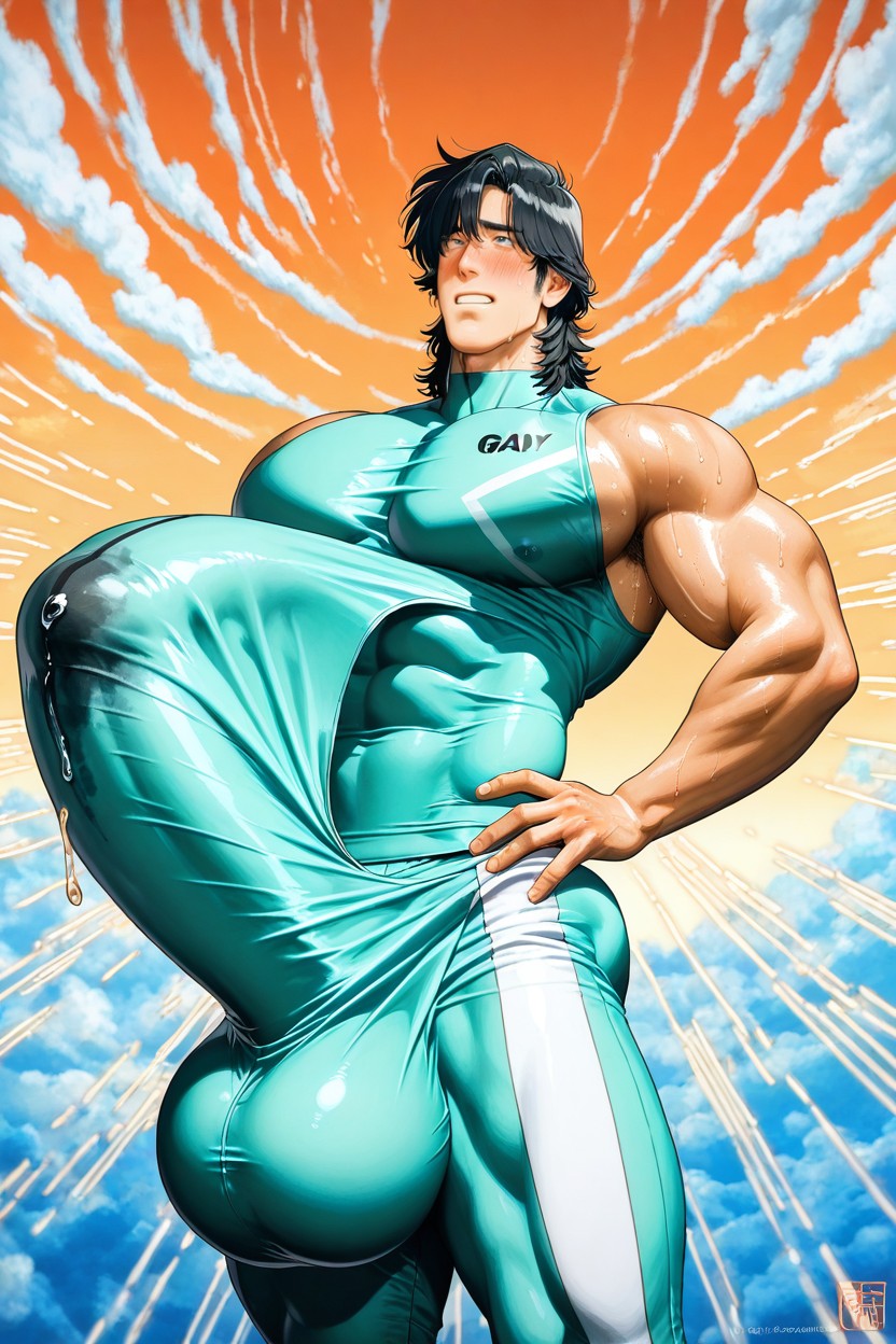 Fully Erect Hyper Cock, Nervous Look, Glans Bulge Hidden Behind Fabric AI Gay Porn