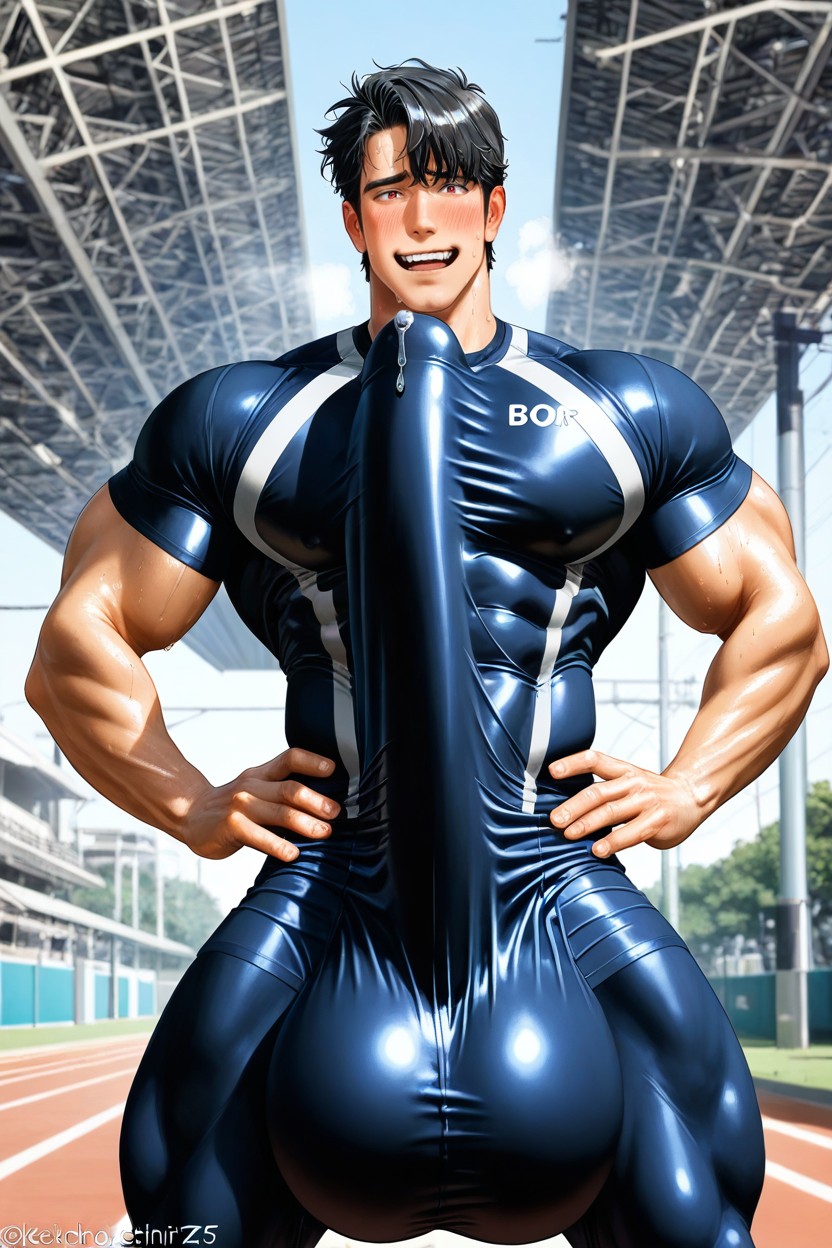 Mouth Agape, Hypercock Upward Bulge Thicker And Longer Than Arms, Erection Pressed Against Chest AI Gay Porn