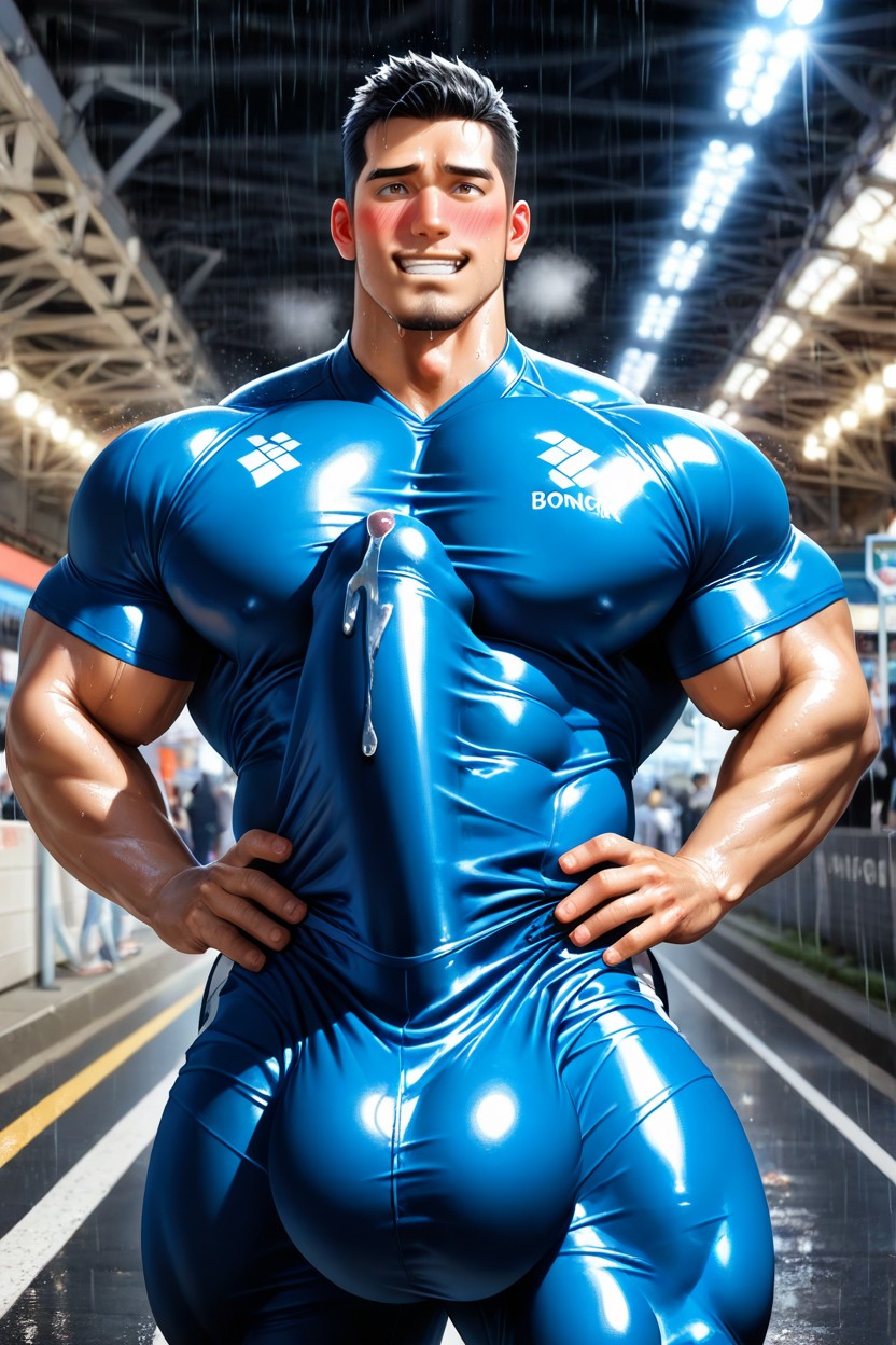 Glans Bulge Visible With Precum Stain Under Fabric, Fully Clothed, Hyper Thick And Wide Bulge Under Shirt AI Gay Porn