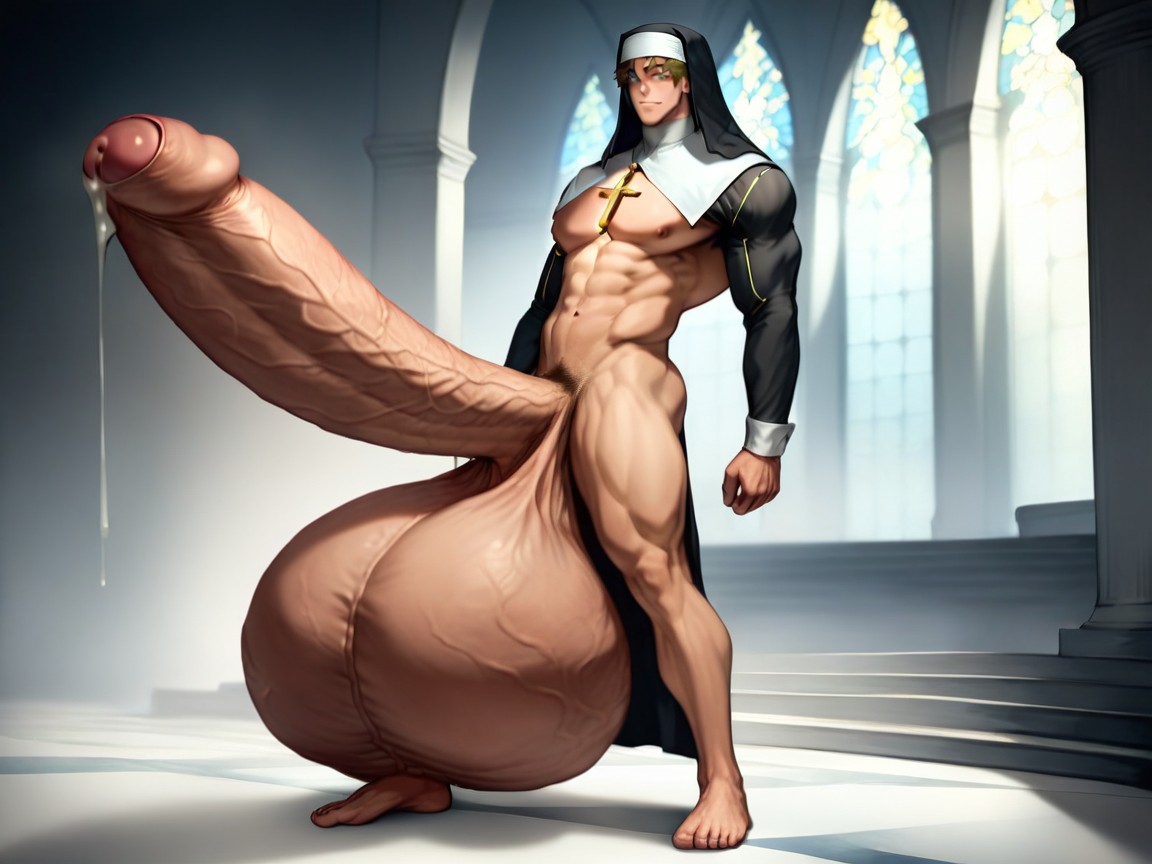 Upward Bending Erection, Rear View, Gigantic Fully Erect Uncut Penis AI Gay Porn