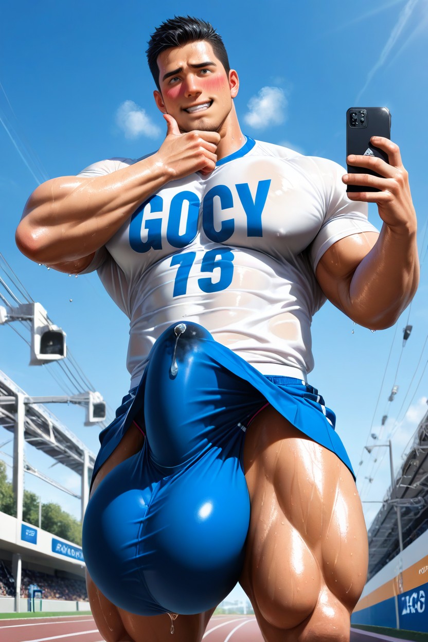 Erection Pressed Against Chest, Nervous Look, Fully Clothed AI Gay Porn