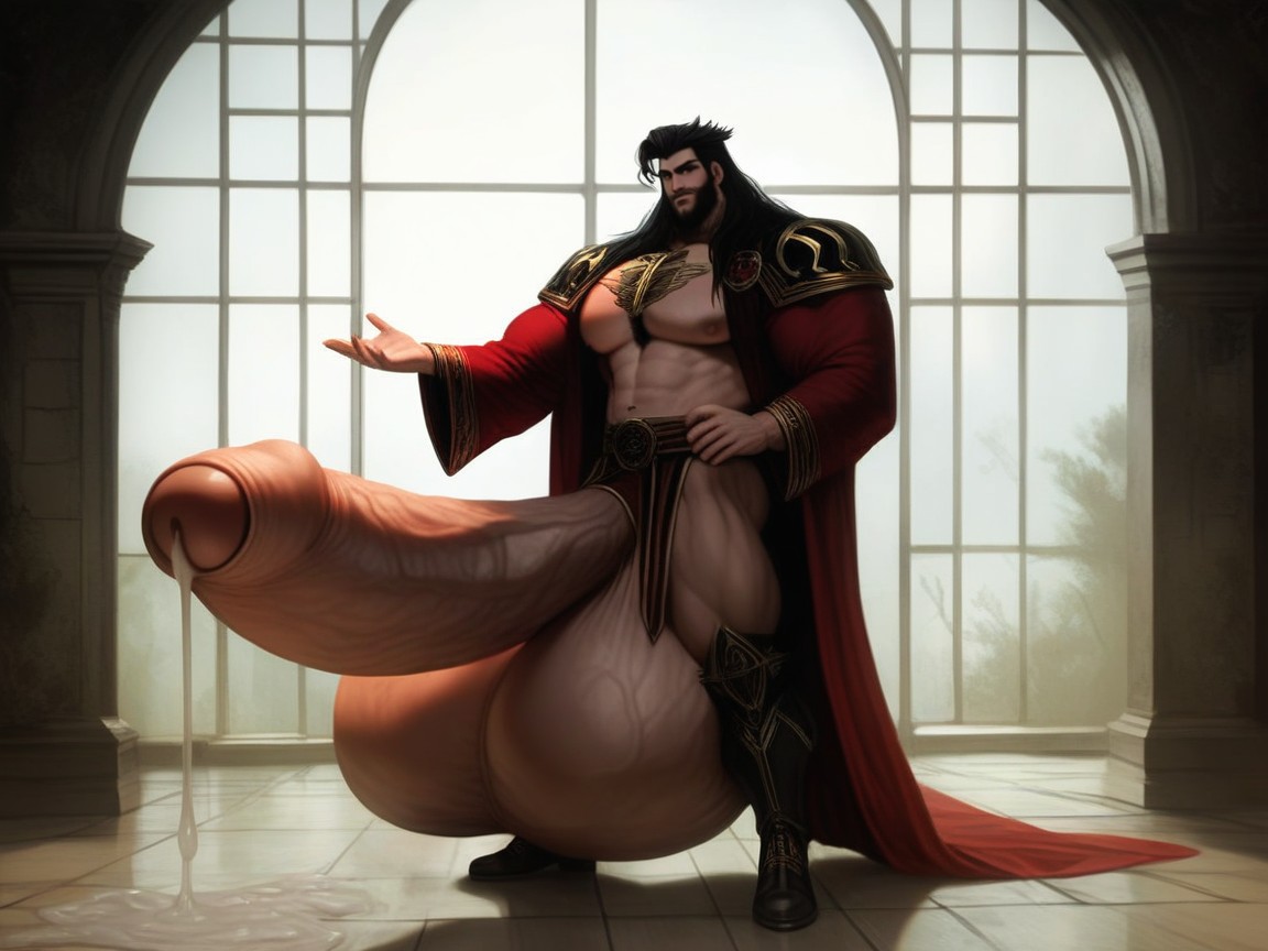 Upward Hyper Gigantic Cock, Fully Erect Upward Cock Reaches Up To His Shoulders, Backlit AI Gay Porn