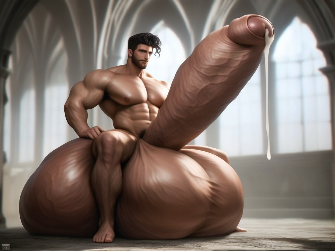 Gigantic Hyper Balls, Only Men, Giant Glans Near His Mouth AI Gay Porn