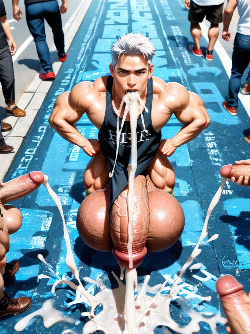 On His Knees, Fondling Balls, Erection Bulging Under Shirt Pornografia gay com IA