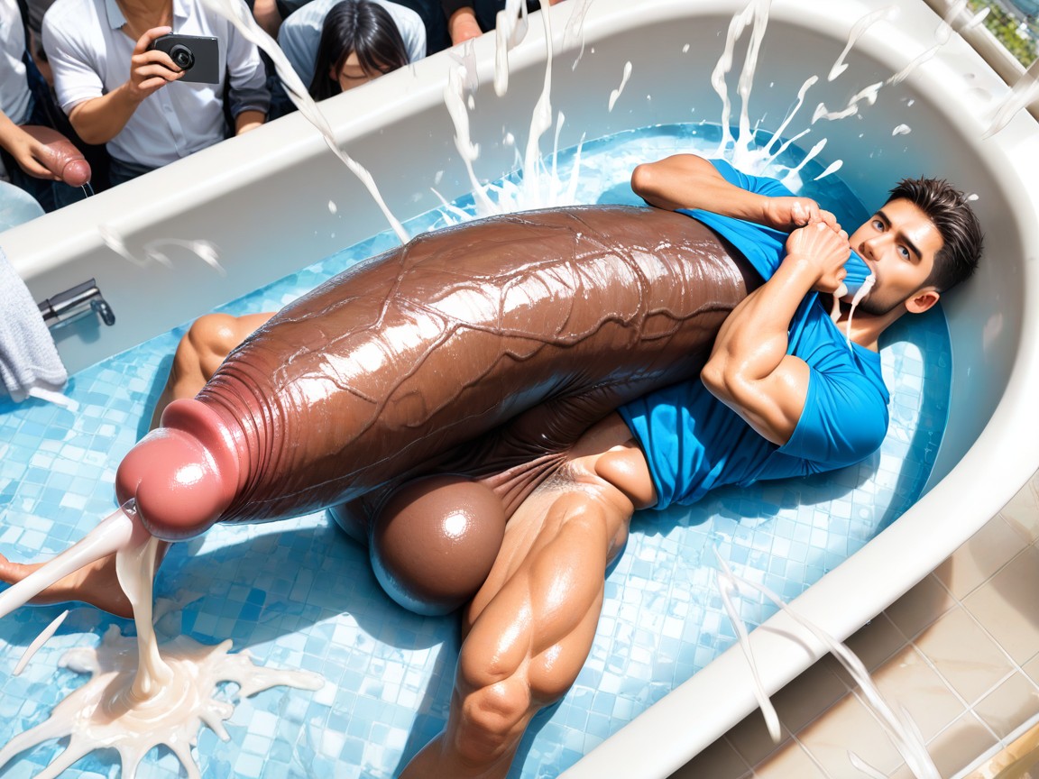 Surreal Absurd Impossible Gigantic Cock Size, Correct Anatomy, Men Watching AI Gay Porn