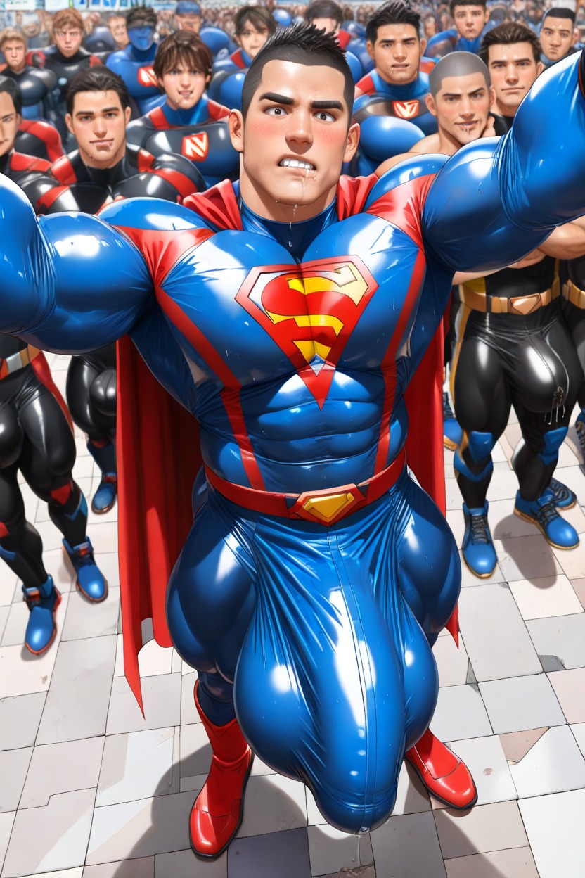 フルボディ, Fully Upright Erection Pressed Against Chest, Cock Too Big For Superhero Suit ゲイAIポルノ