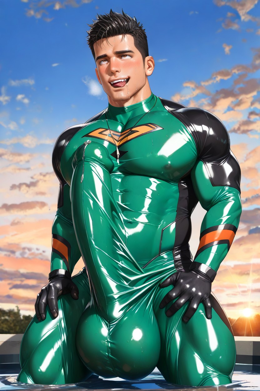 Fully Upright Erection Pressed Against Chest, Bulge Thicker And Longer Than Leg, Correct Anatomy Pornografia gay com IA