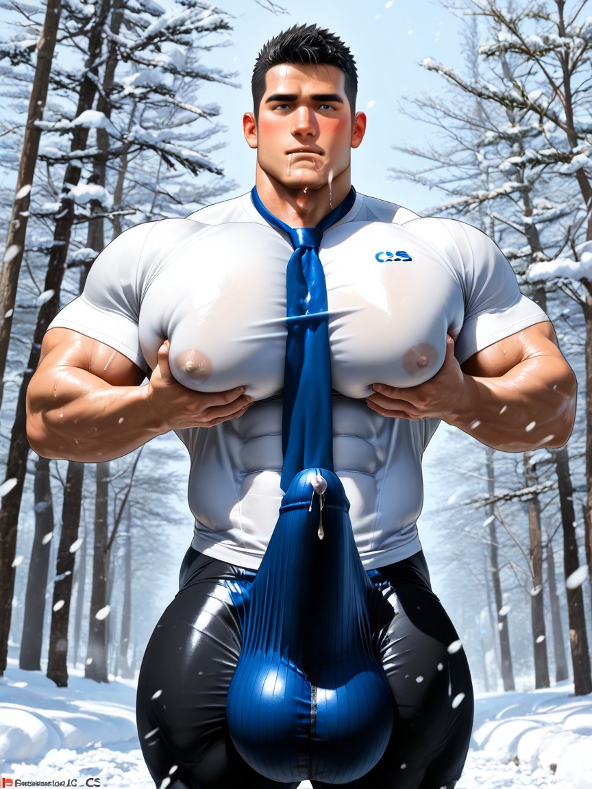 Gay, Correct Anatomy, Upwards Cock Outline In Shirt Up To His Chin ゲイAIポルノ