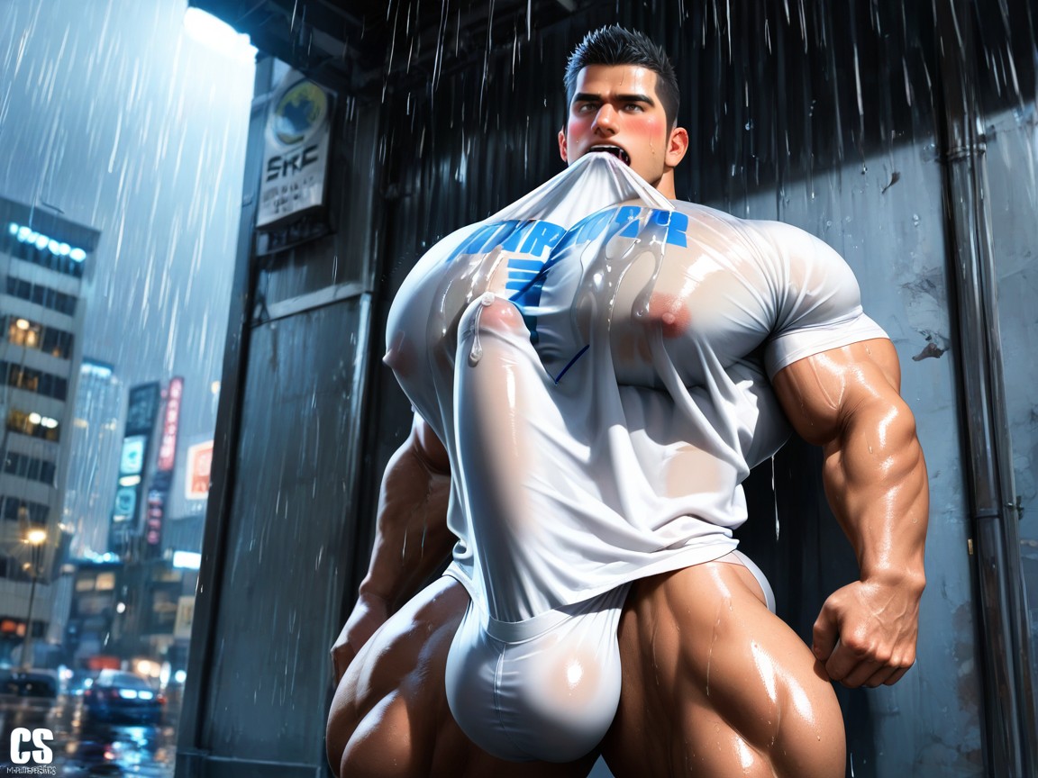 Gigantic Growing Bulge Between Pecs, Upwards Cock Outline In Shirt Pressed Against Body, Angular Features ゲイAIポルノ