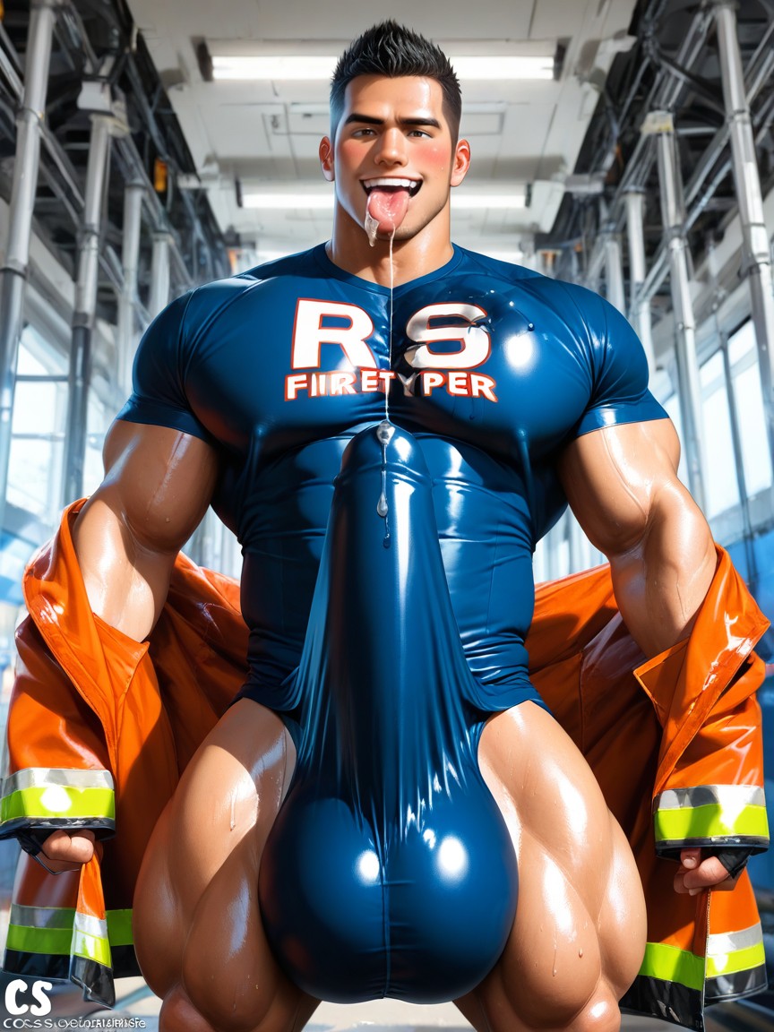Gay, Giant Hyper Glans With Precum Near Mouth Pressed Against Chest, Expresión Arrogante Porno gay IA