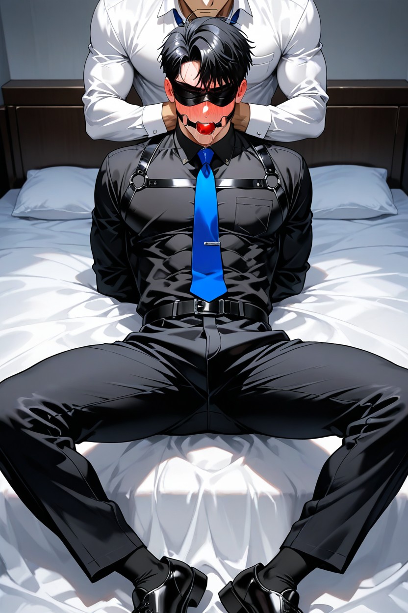 Ball Gag And Blindfolded, Open Pants, A White Business Shirt ゲイAIポルノ