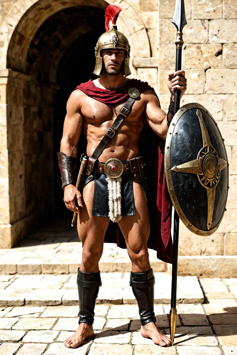 Gigantic, Full Body, A Muscular Male Warrior Dressed As An Ancient Greek Or Spartan-style Soldier AI Gay Porn