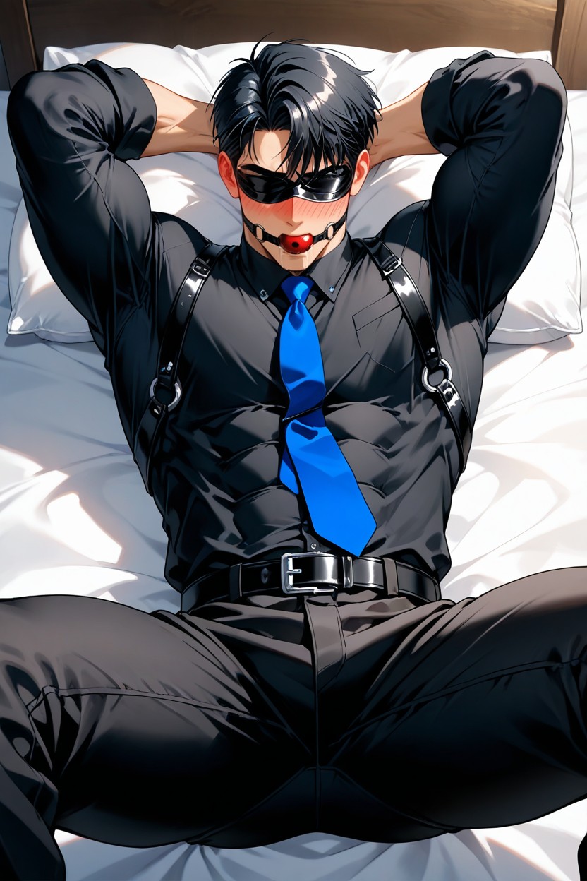 Black Leather Strap Wrapped Around The Shirt, Black Shirt, Tall ИИ гей порно