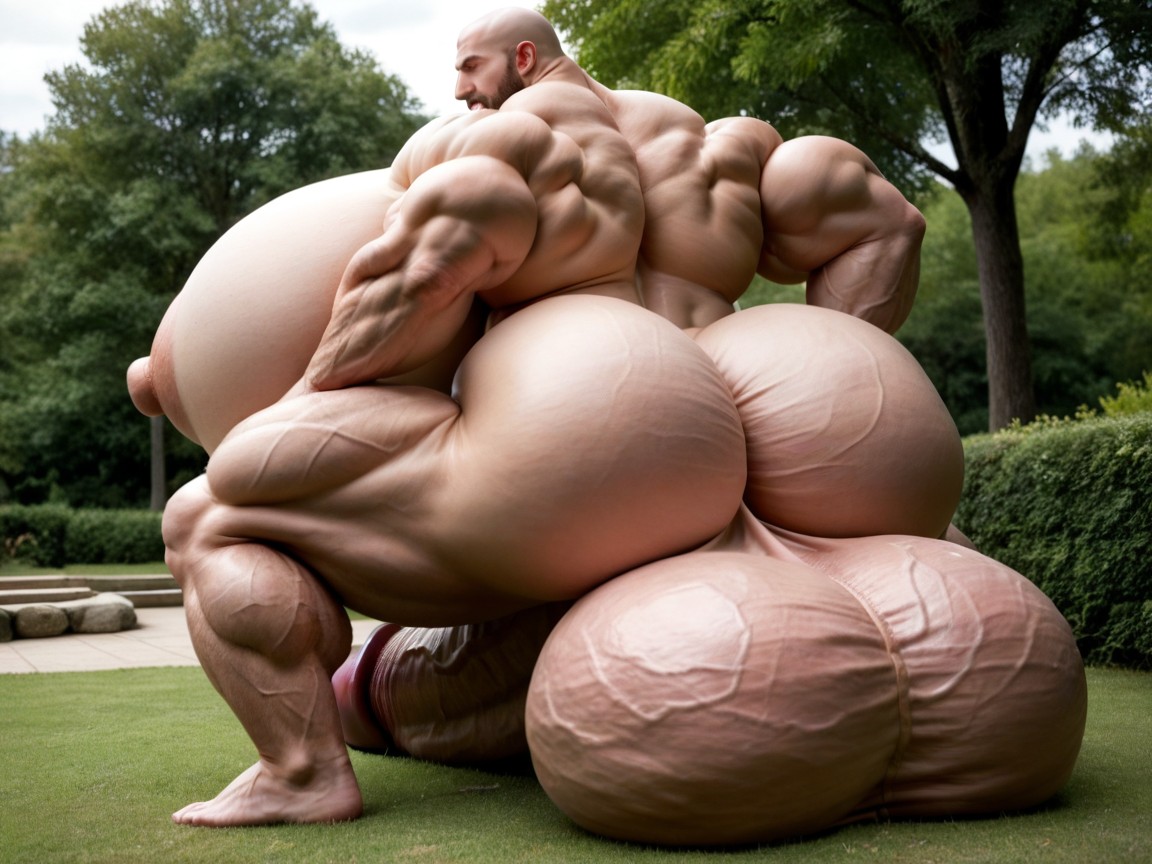 Rear View, Massive Oversized Hyper Testicles, Park AI Gay Porn