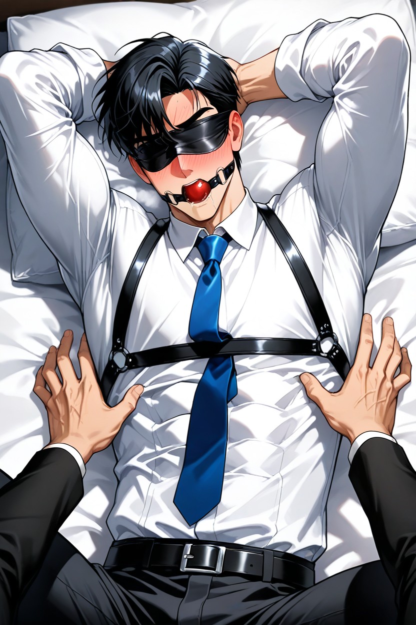 Ball Gag And Blindfolded, A Blue Tie, Layered Hair ゲイAIポルノ
