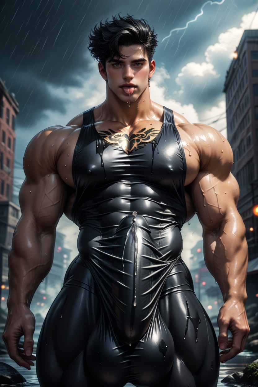 Olhos Semi-fechados, Extremely Revealing Singlet, Selfsuck Pornografia gay com IA