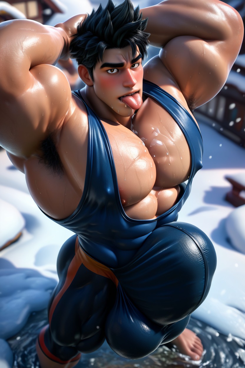 Giant Hyper Glans With Precum Near Chin Pressed Against Chest, Licks Own Cock Tip, Wet Bulge Glans Tip Near Chin AI Gay Porn