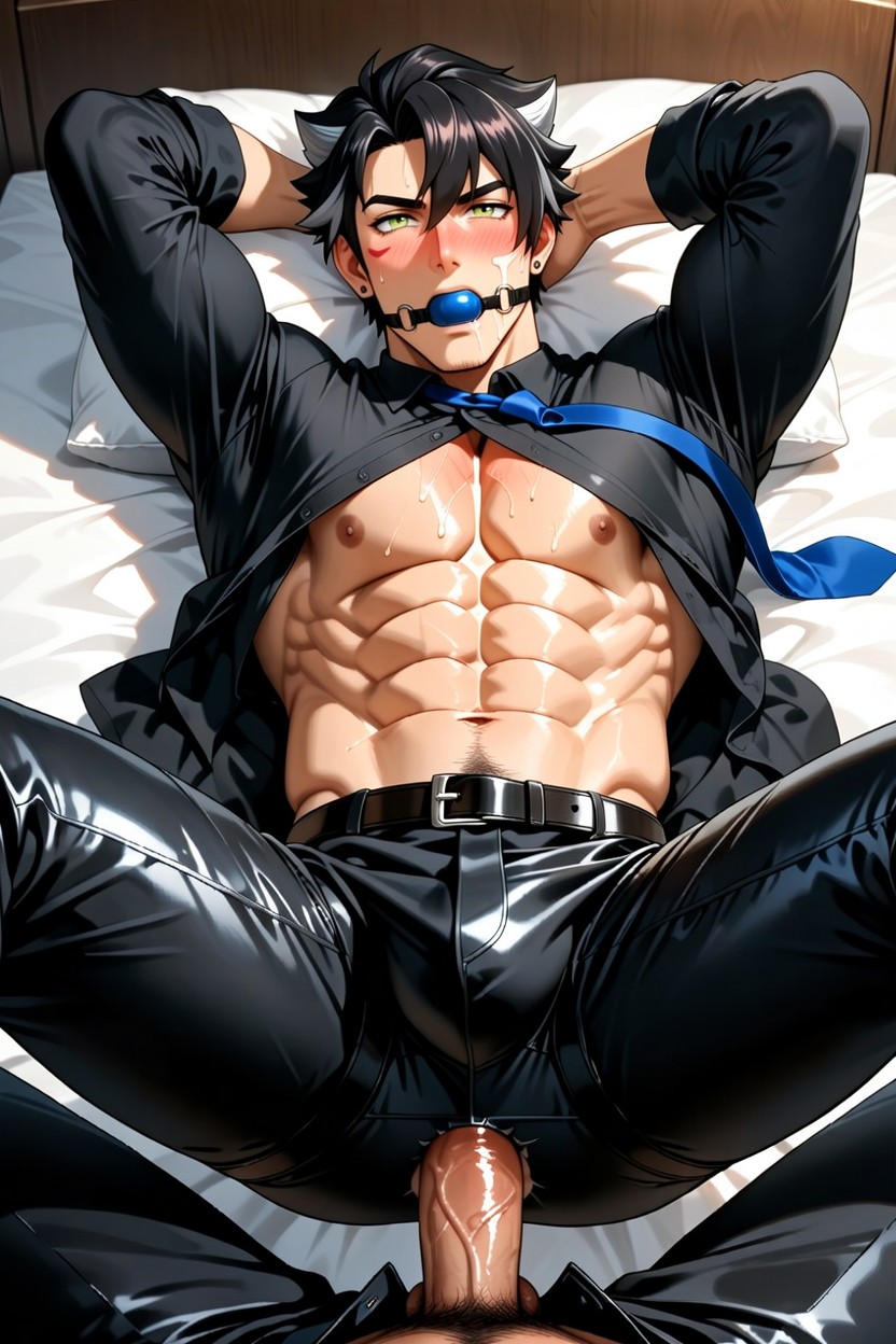 Living On The Bed, Black Hair, Black Leather Strap Wrapped Around The Shirt AI Gay Porn