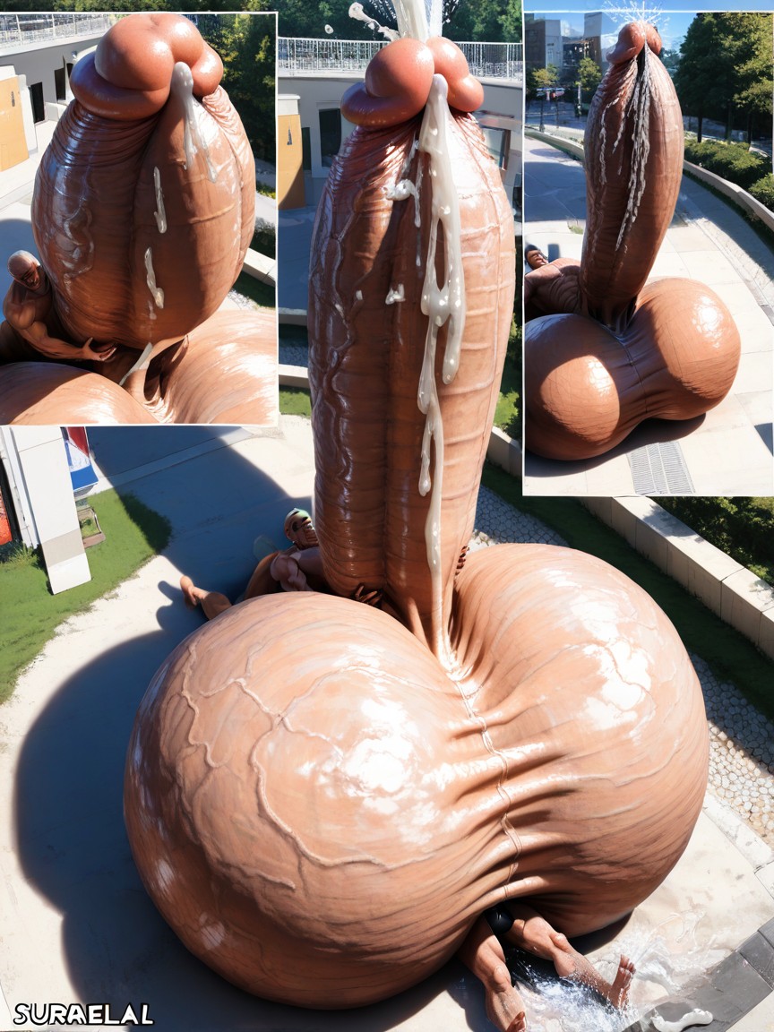 Cock Bigger Than Body, K, Balls So Huge That He Rests On Them Without Touching The Ground Himself Pornografia gay com IA