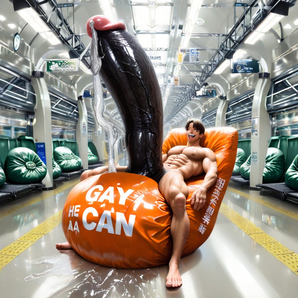 Lying On Own Cock, Clear Translucent Precum At Tip, Cum Splashing On Impact AI Gay Porn