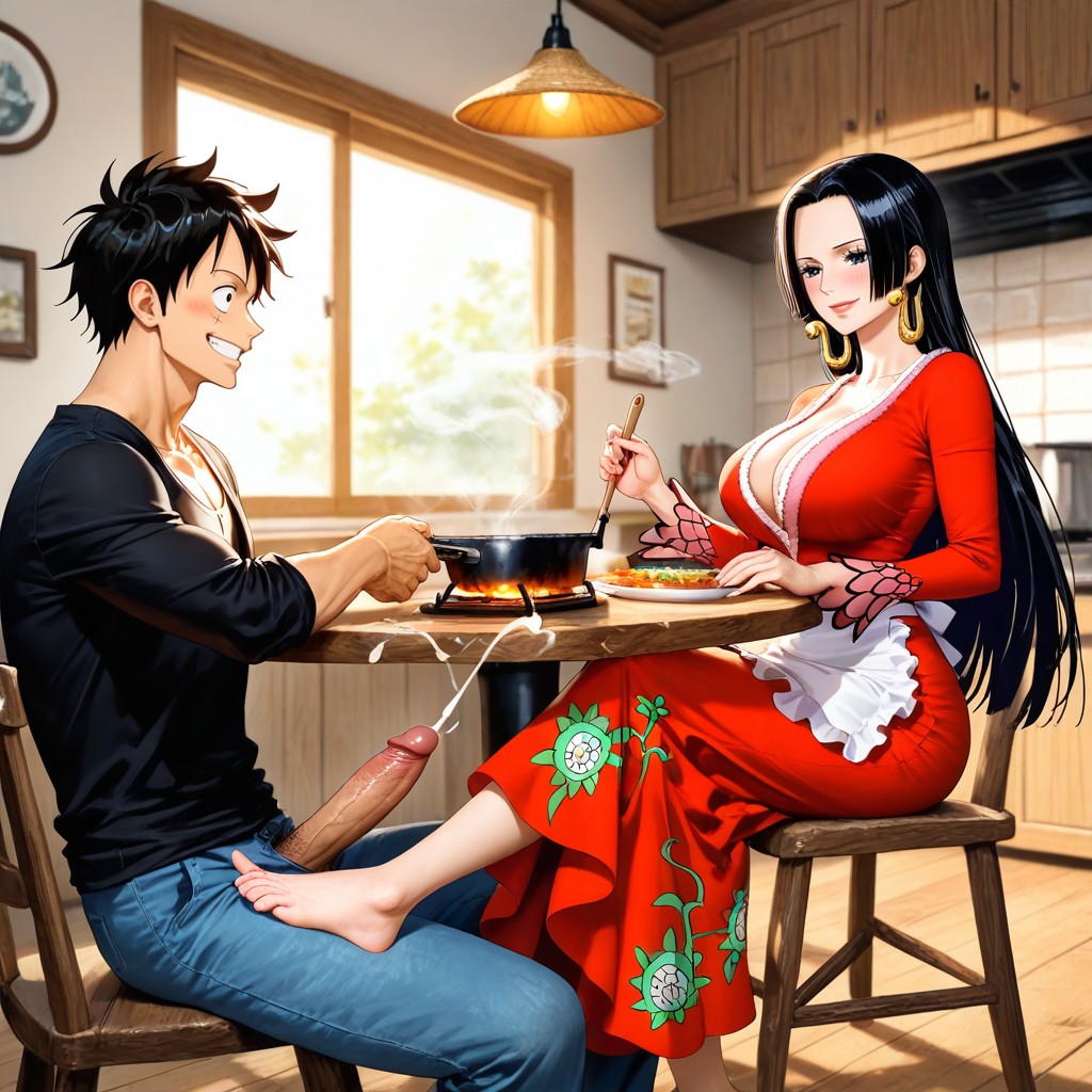 Wooden Kitchen Table, Steam Rising From Food, Soft Blush On Luffy Porno gay IA