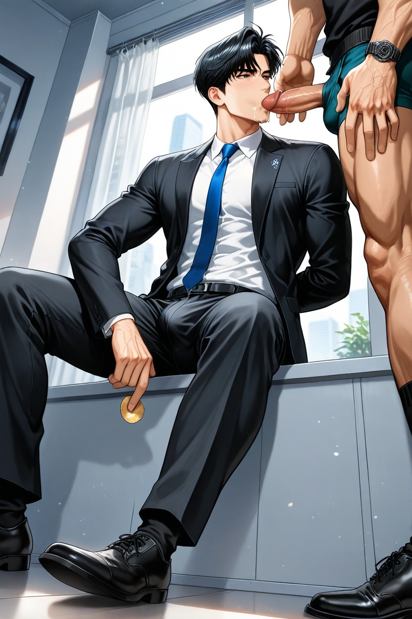 A Blue Tie, Black Jacket Over White Shirt, Multiple Penises Around His Face AI同性戀黃片