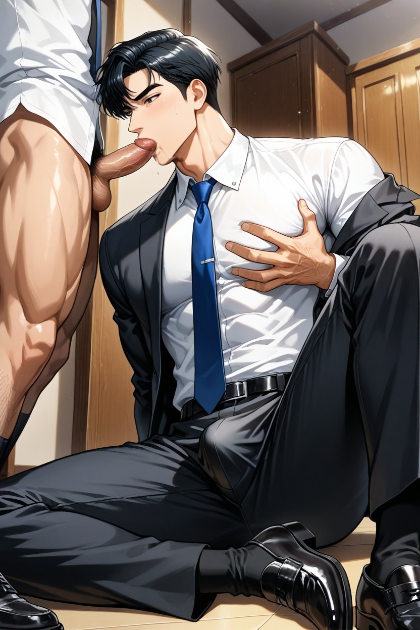 Viewed From Below, Black Hair, Wearing A Thick-sleeved Dress White Shirt AI Gay Porn