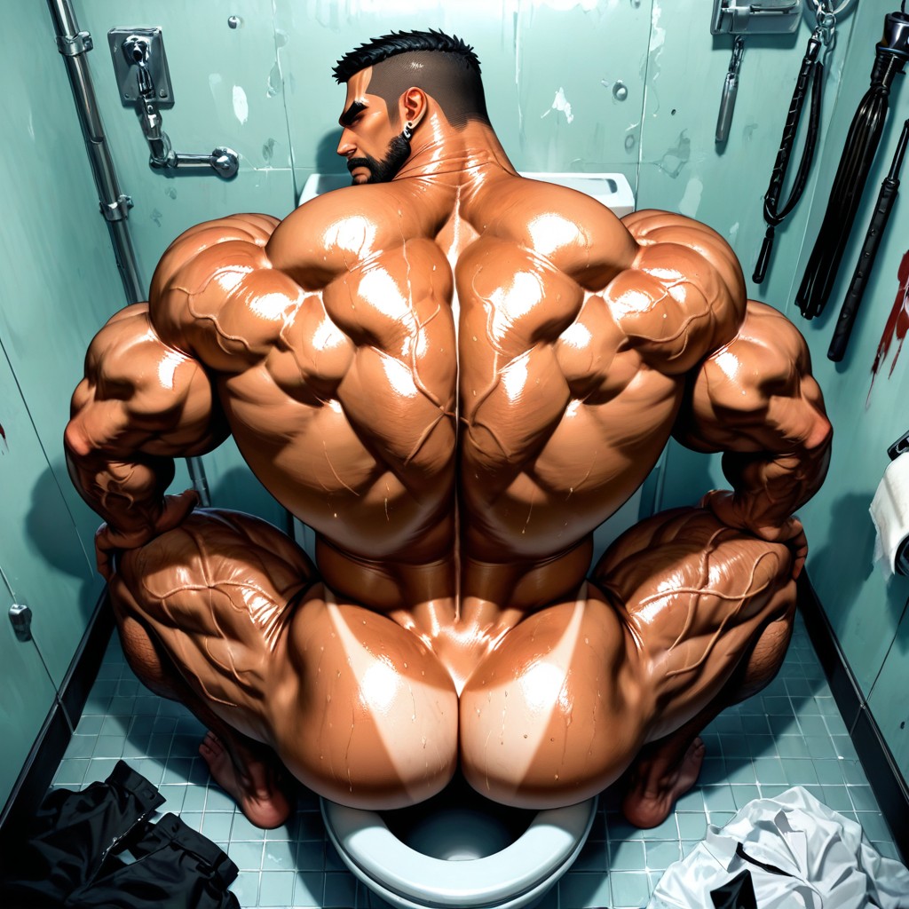 Sitting Down On Toilet, Muscular Ass, Veiny Arms AI Gay Porn