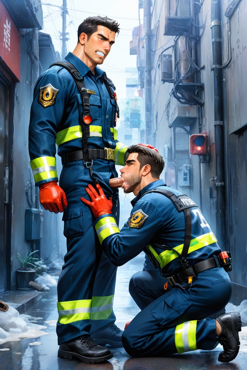 One Man Kneeling In Front Of The Male Firefighter, Two Men, The Man Standing ゲイAIポルノ