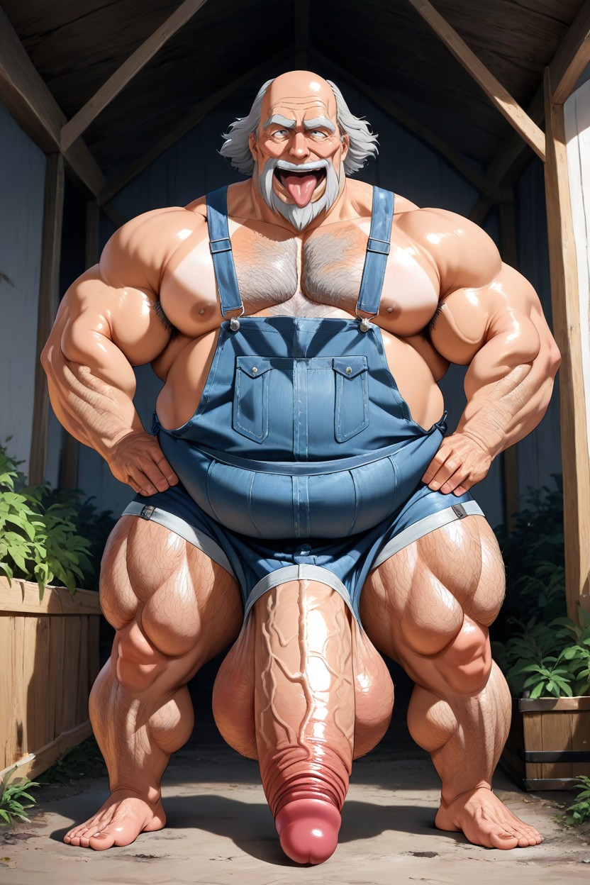 Old-man With A Broad Round Face, 1 Personne, Full Downward Erection Porno IA Gay