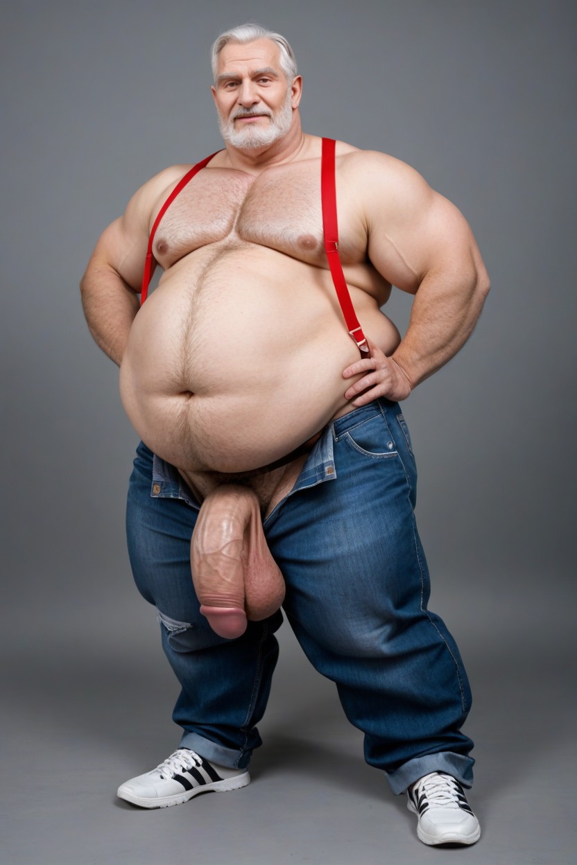 Bunda Grande, Hyper Obese Belly, Large Hanging Flaccid Penis Shaft Bulge In Denim Pornografia gay com IA