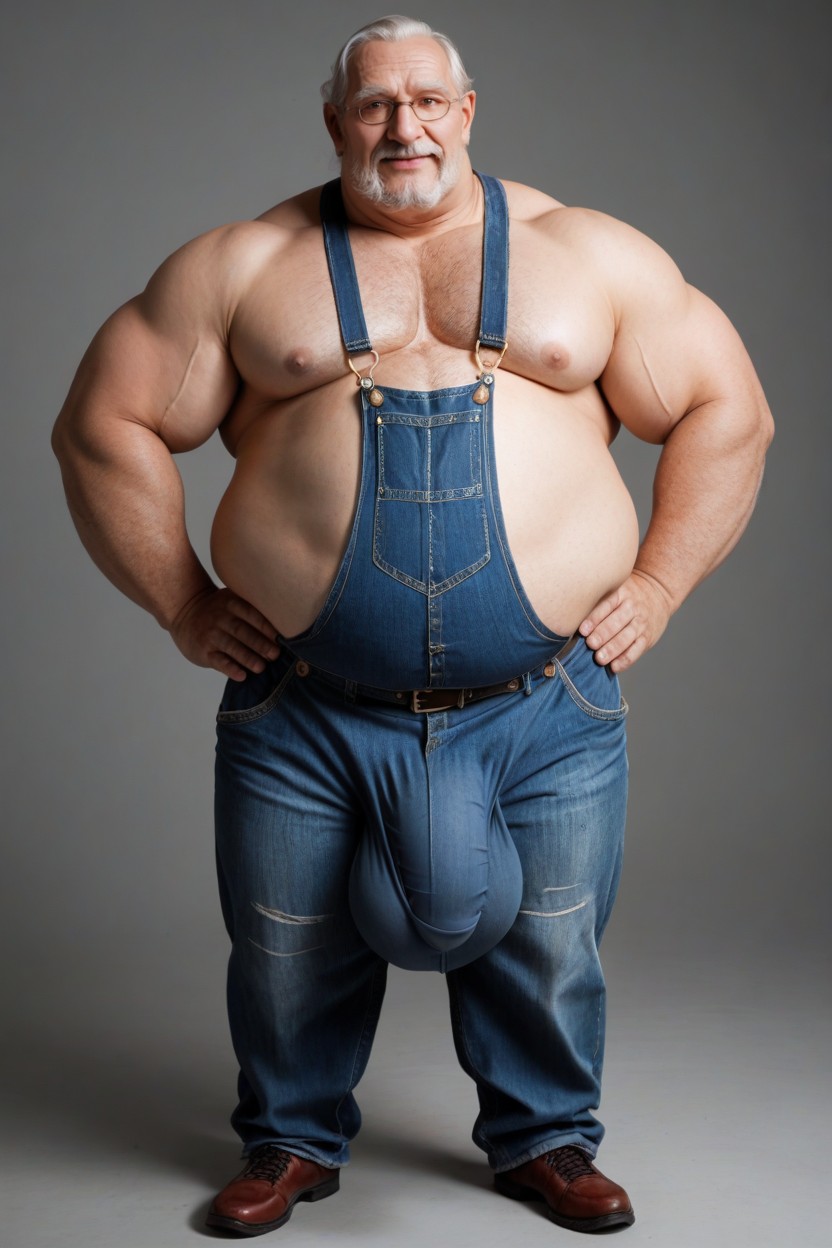 Frontansicht, Hyper Hanging Flaccid Cock, Wearing Denim Overalls With One Suspender Exposing Hairy Chest And Belly KI Schwulenporno