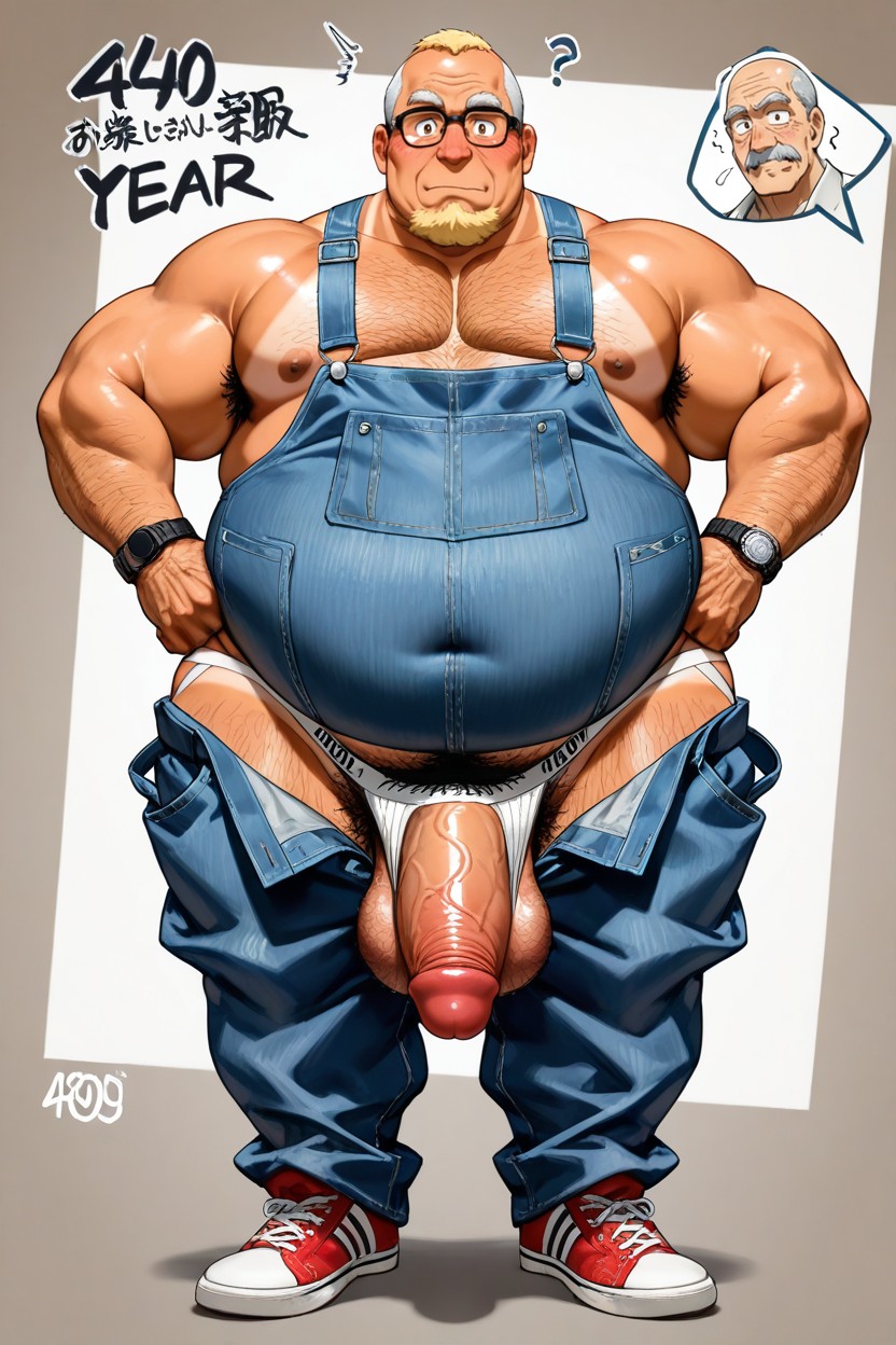 Fat Overly Hairy Belly, Wearing Denim Overalls And Suspenders, Gros Cul Porno IA Gay
