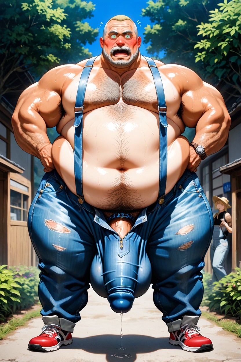 サスペンダー, Lots Of Thick Grey Body Hair And Armpit Hair Bushes, Erection Pressed Against Legs ゲイAIポルノ