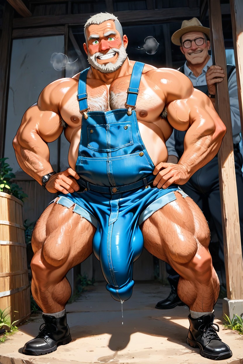 Espiègle, Massive Cock Shaft Bulge Overhanging Balls Low With Heft Against Knee, Bretelles Porno IA Gay