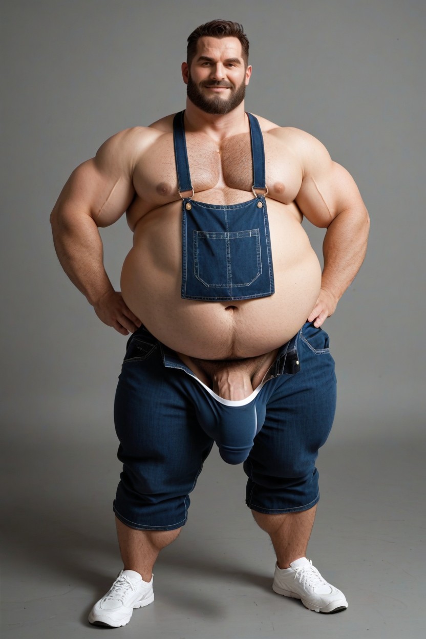 Penis Is Covered With Denim Fabric And Weight Of Penis Causing Denim Penis Shaft Bulge To Hang Low And Stretch Downwards Massively, Cheveux Très Courts, Vêtements Ajustés Porno IA Gay