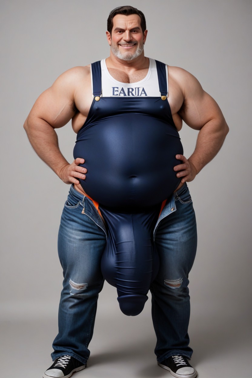 Gigantic Fully Erect Cock Bulge, 몸에 딱 맞는 옷, Wearing Denim Overalls With One Suspender Exposing Hairy Chest And Belly 게이 AI 포르노