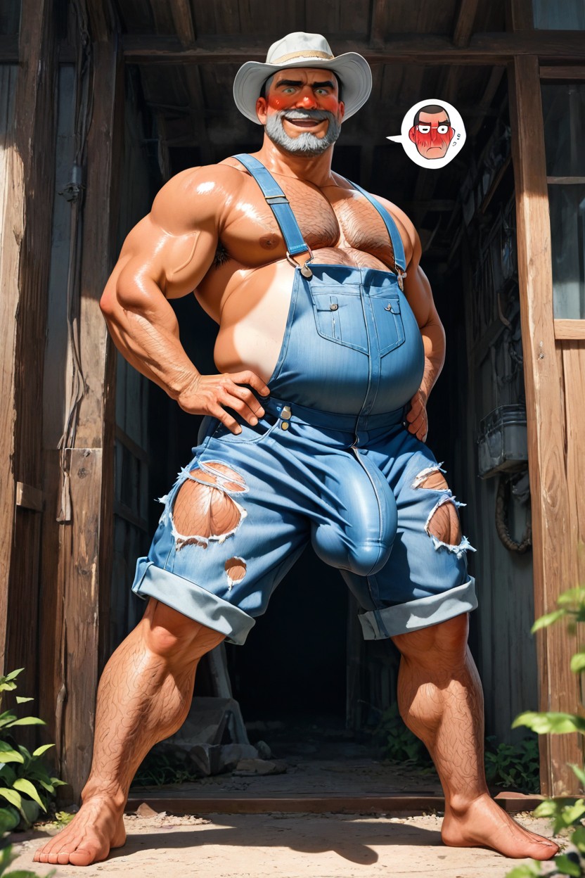 Wearing Denim Overalls With One Suspender Exposing Hairy Chest And Belly, Vêtements Déchirés, Casquette Porno IA Gay