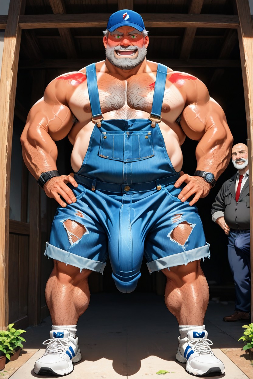Male, Extremely Erect Downward Curved Cock, Wearing Denim Overalls With One Suspender Exposing Hairy Chest And Belly 게이 AI 포르노