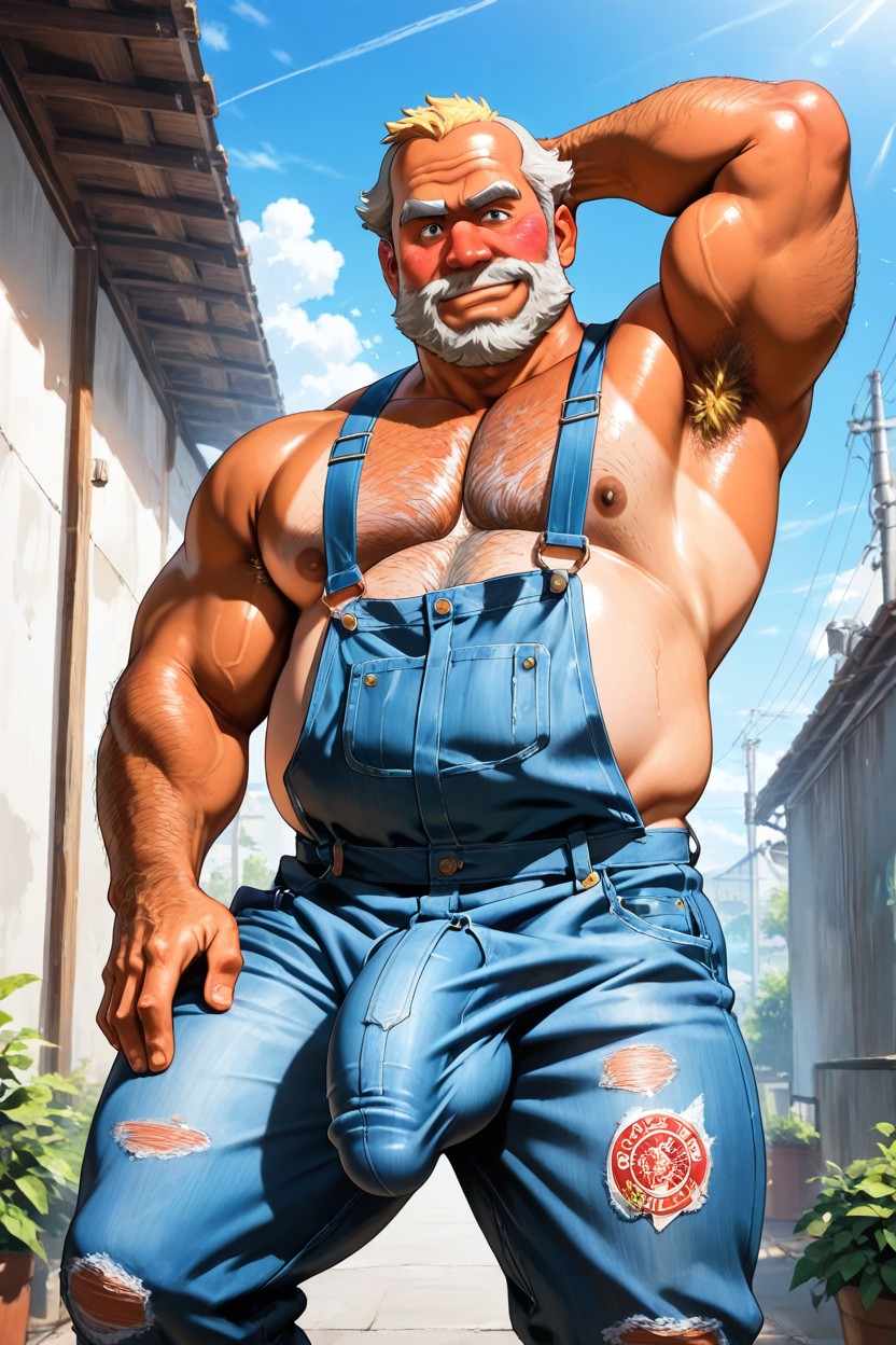 Wearing Denim Overalls And Suspenders, Fully Downward Boner, Eye Contact With Viewer AI同性戀黃片