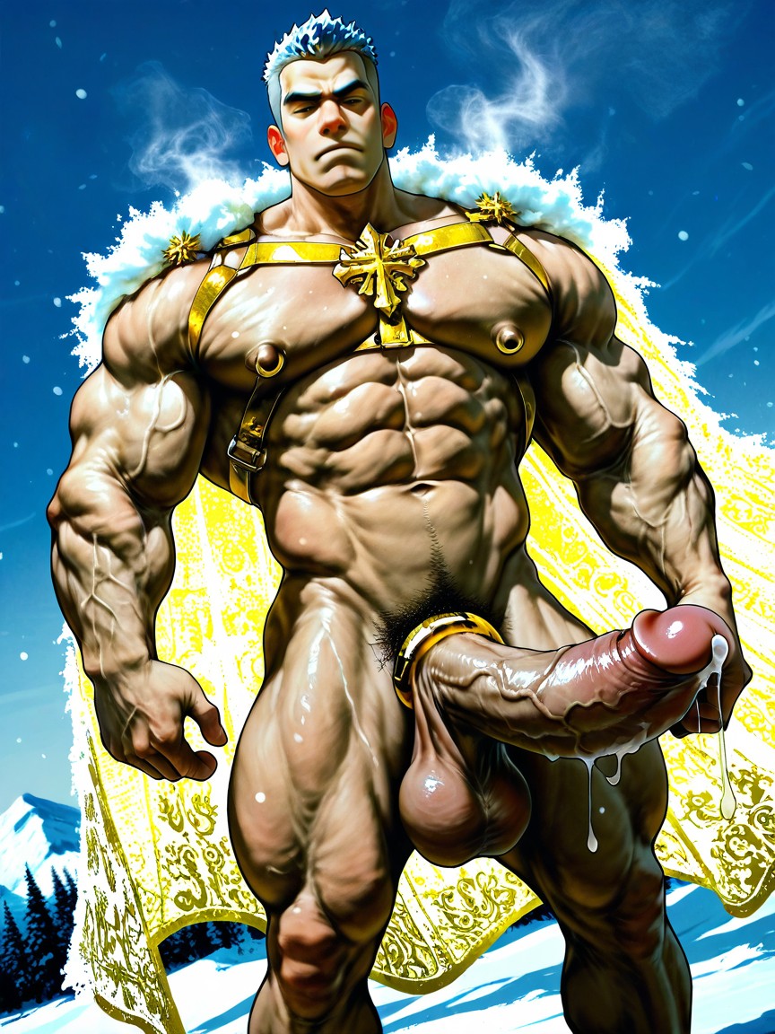 Deeply Etched Blocky Abs, Hard Long Nipples, White Golden Embroidered Cape Porno IA Gay